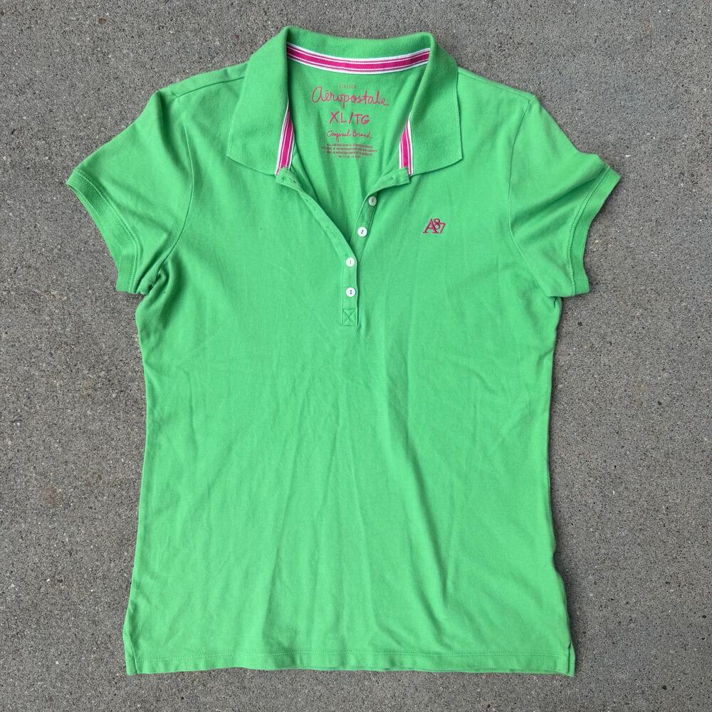 Y2K Aeropostale Bright Green Hot Pink Logo Short Sleeve Polo XL Ladies